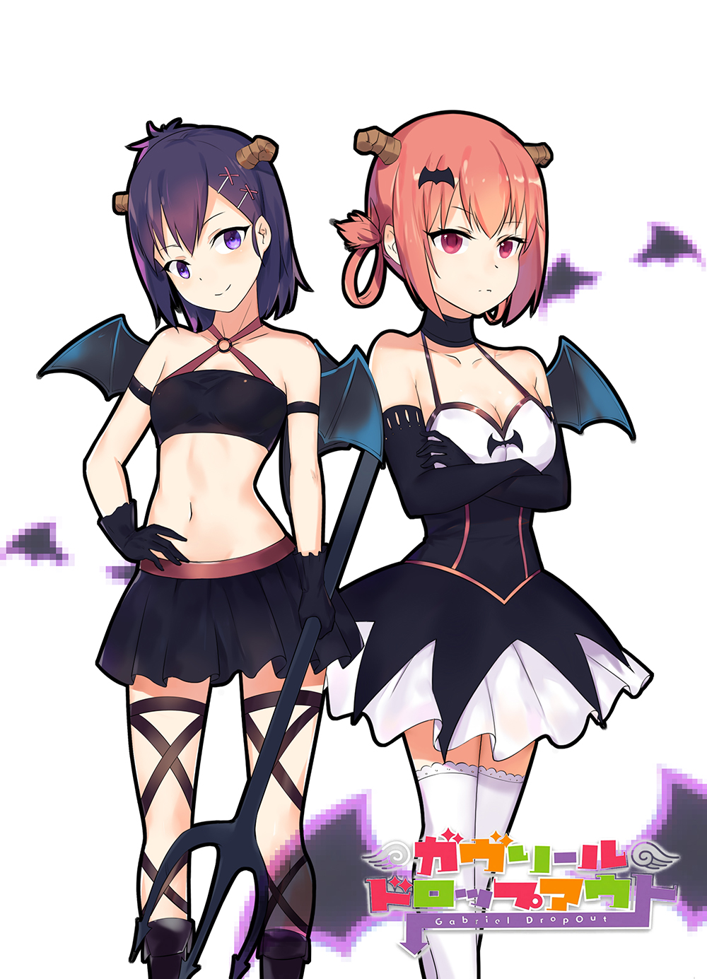 2girls armlet bat_hair_ornament bat_wings black_dress black_gloves breasts bustier choker cleavage copyright_name cross-laced_legwear crossed_arms demon_girl demon_horns demon_wings dress elbow_gloves gabriel_dropout gloves hair_ornament hair_rings hairpin hallelujah_essaim hand_on_hip highres horns kurumizawa_satanichia_mcdowell logo midriff multiple_girls navel pixelated pleated_skirt polearm purple_hair red_eyes redhead short_hair simple_background skirt thigh-highs trident tsukinose_vignette_april violet_eyes weapon white_background white_legwear wings wujia_xiaozi x_hair_ornament