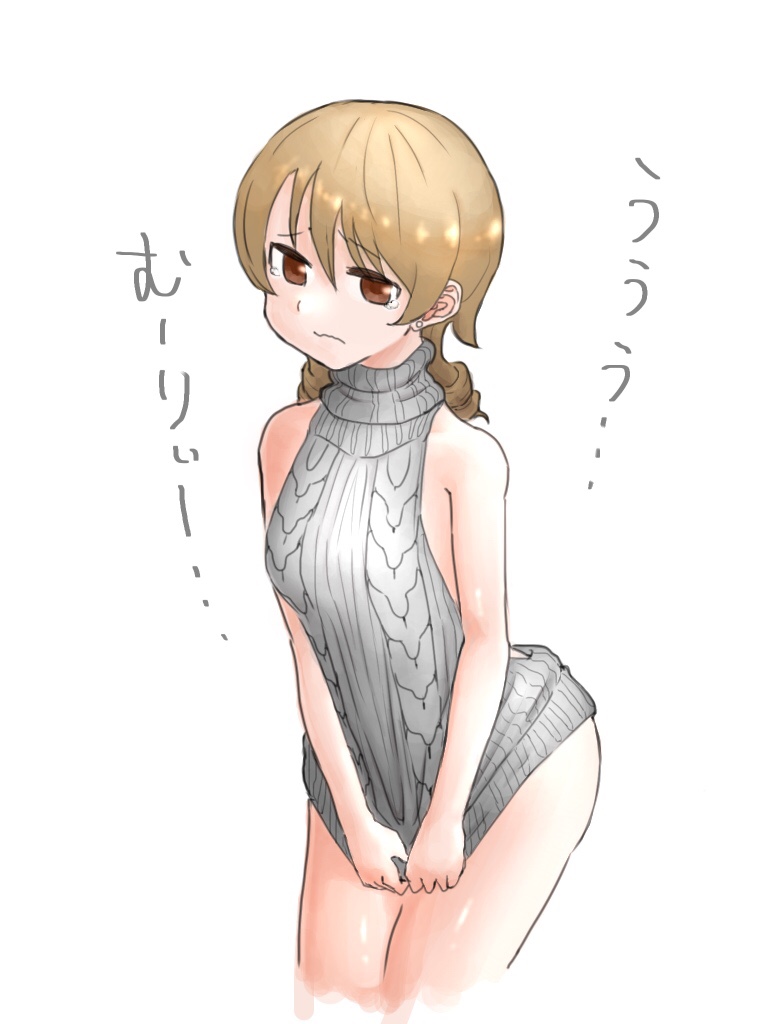 1girl aran_sweater backless_outfit bangs bare_back breasts brown_eyes brown_hair closed_mouth covering covering_crotch cropped_legs dress eyebrows_visible_through_hair gk_(go4161) grey_sweater hair_between_eyes halterneck idolmaster idolmaster_cinderella_girls medium_breasts meme_attire morikubo_nono naked_sweater open-back_dress ribbed_sweater ringlets short_hair_with_long_locks simple_background solo sweater sweater_dress tears turtleneck turtleneck_sweater virgin_killer_sweater wavy_mouth white_background