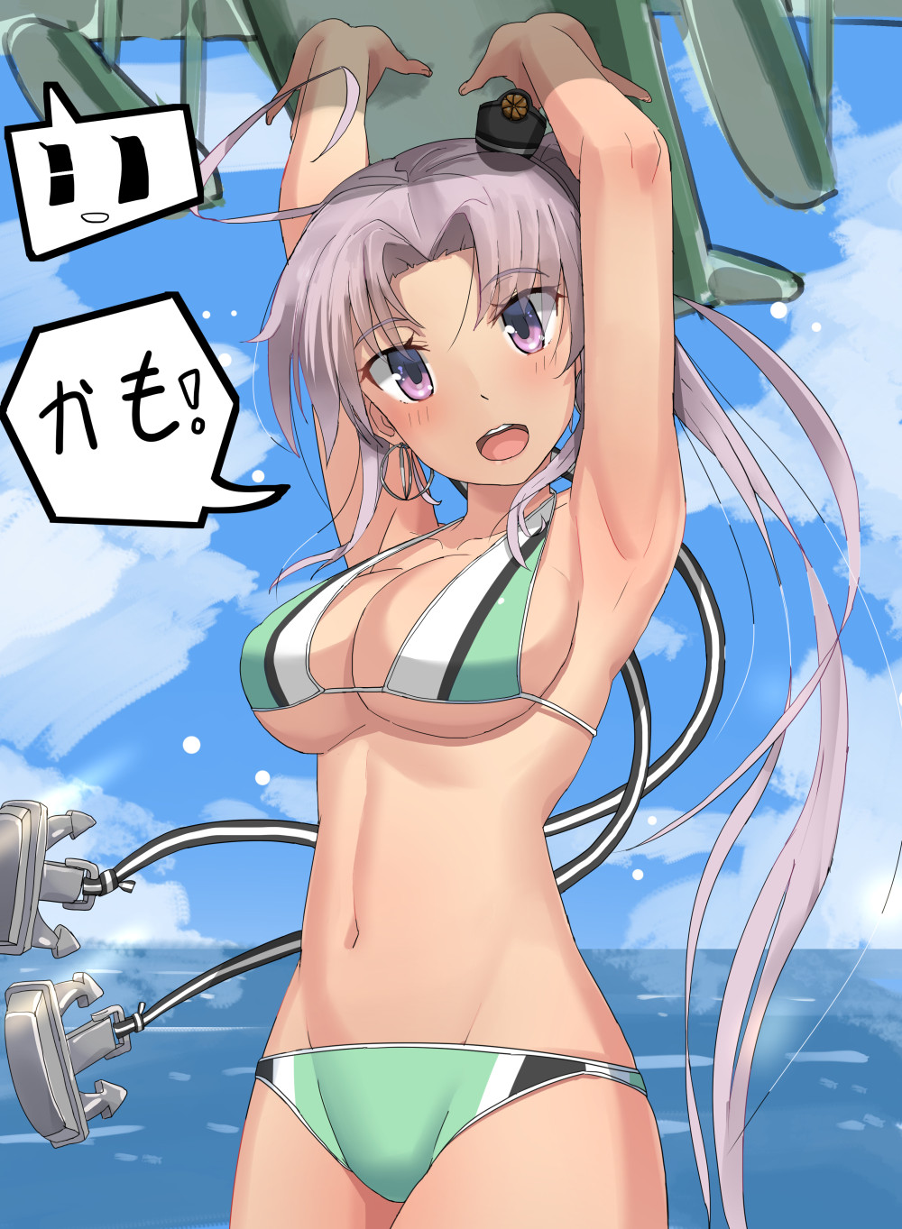 1girl ahoge aircraft airplane akitsushima_(kantai_collection) alternate_costume armpits arms_up bangs bikini breasts cleavage cowboy_shot day earrings flying_boat groin hair_ornament halter_top halterneck head_tilt highres hoop_earrings jewelry kantai_collection large_breasts lavender_hair long_hair looking_at_viewer multicolored multicolored_bikini multicolored_clothes navel nishikitaitei-chan open_mouth outdoors parted_bangs side_ponytail sideboob sidelocks soil_chopsticks strap_gap swimsuit thighs translated under_boob very_long_hair violet_eyes