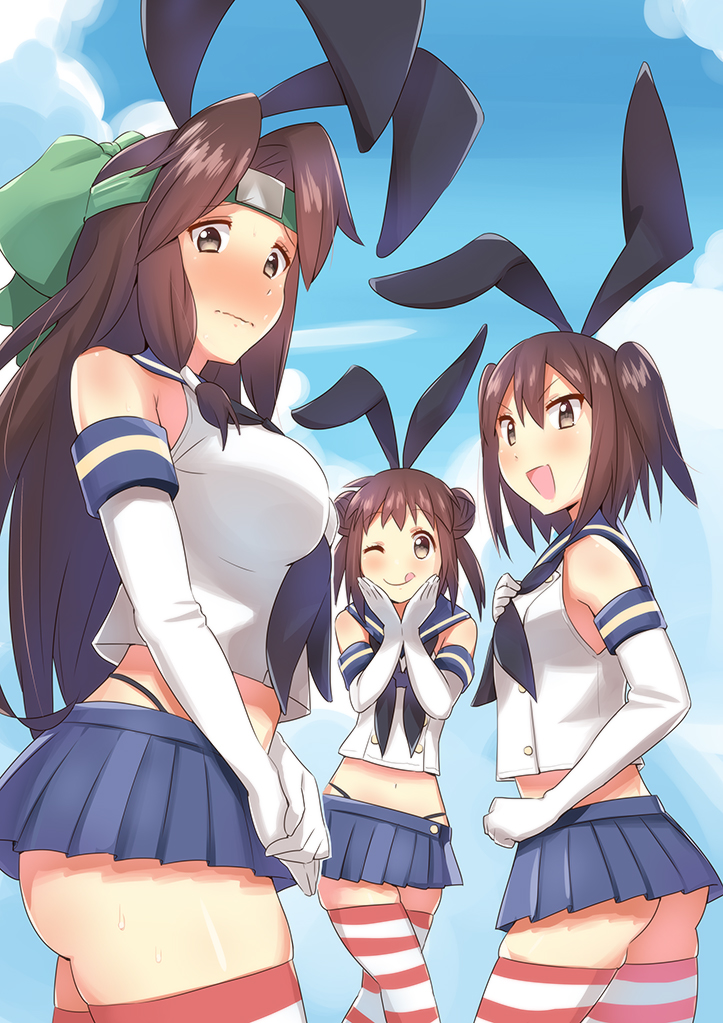 3girls ass breasts brown_eyes brown_hair cosplay elbow_gloves gloves hair_ornament hairband headband jintsuu_(kantai_collection) kantai_collection multiple_girls naka_(kantai_collection) one_eye_closed sakura_ayane school_uniform seiyuu_connection sendai_(kantai_collection) serafuku shimakaze_(kantai_collection) shimakaze_(kantai_collection)_(cosplay) smile tonari_no_kai_keruberosu tongue two_side_up