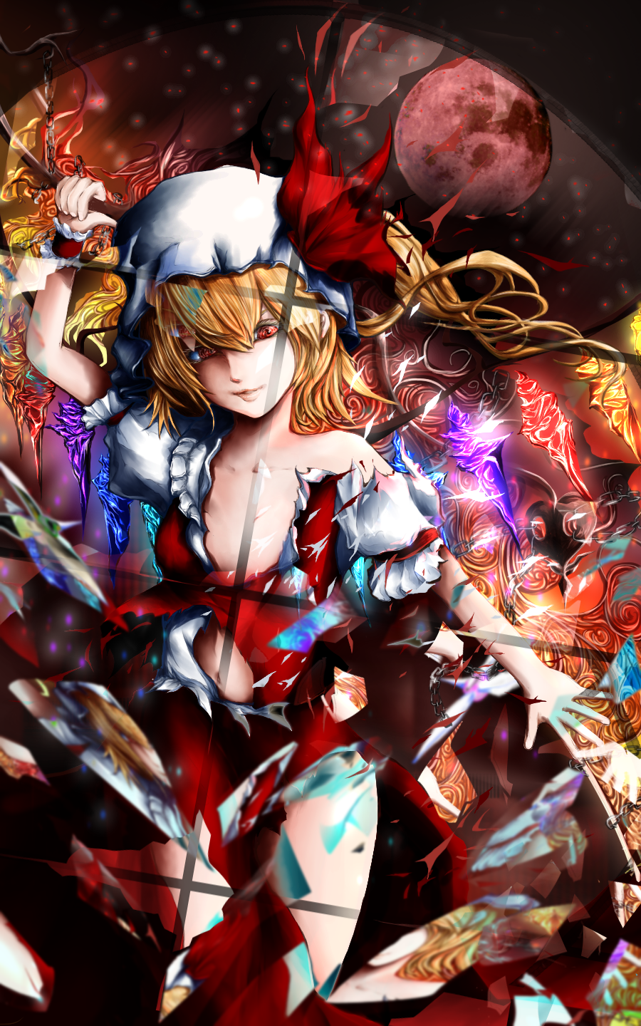 1girl amaseu_(be_bunny) blonde_hair broken_glass chains commentary_request crystal flandre_scarlet floating_hair glass hat hat_ribbon highres holding laevatein mob_cap moon navel off_shoulder parted_lips puffy_short_sleeves puffy_sleeves red_eyes red_moon red_ribbon reflection ribbon short_hair short_sleeves side_ponytail solo stomach torn_clothes touhou window wings wrist_cuffs