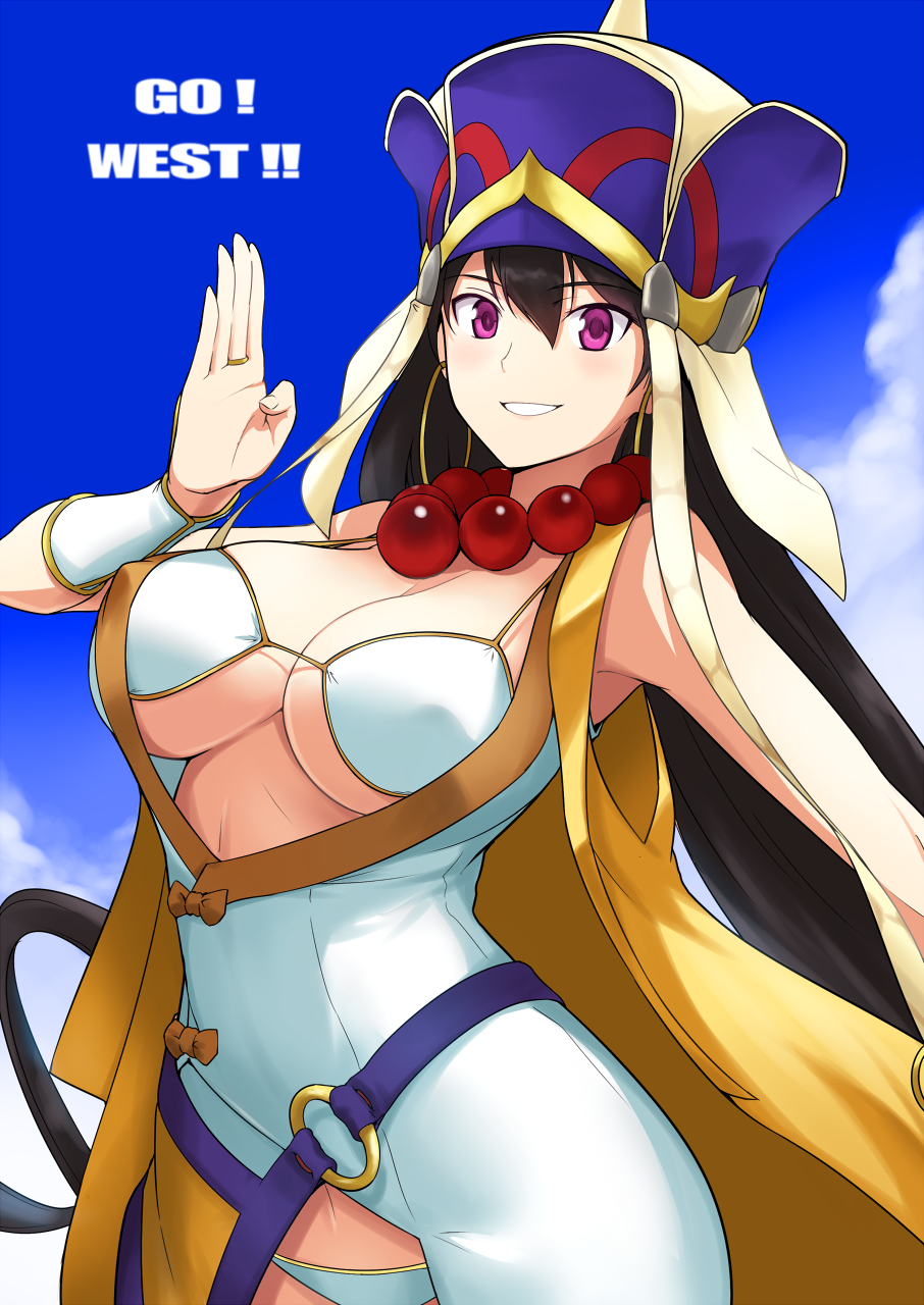 1girl bangs bare_shoulders beads bikini_top black_hair blush breasts cleavage day dress english fate/grand_order fate_(series) harukon_(halcon) hat highres large_breasts long_hair looking_at_viewer parted_lips prayer_beads sleeveless smile solo under_boob upper_body violet_eyes white_background white_bikini_top wrist_guards xuanzang_(fate/grand_order)