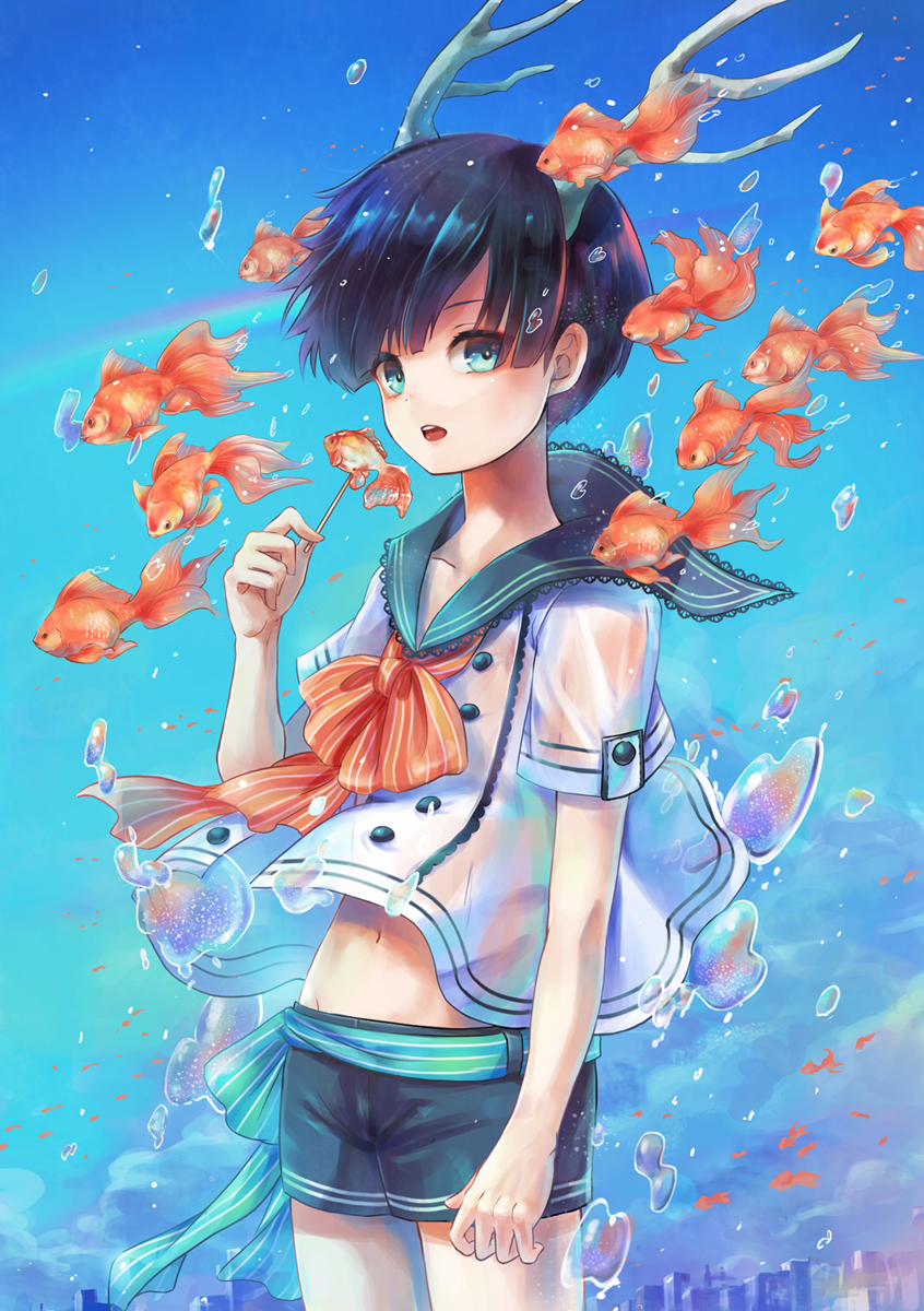 1boy antlers black_hair blue_eyes bubble buttons cowboy_shot fish goldfish highres midriff_peek open_mouth original sailor_collar see-through shirt_lift shorts toothpick underwater yaguchi_minato