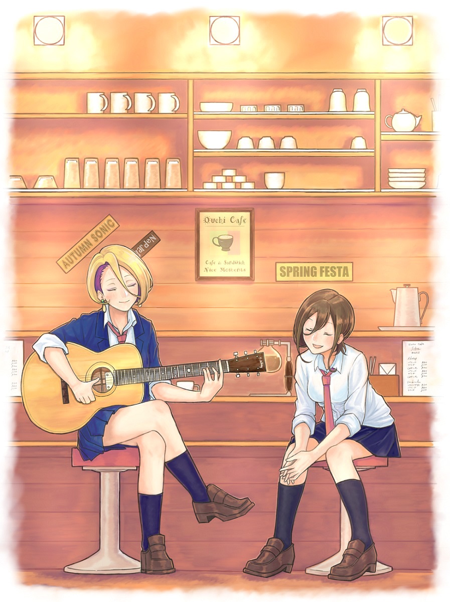 2girls :d acoustic_guitar asymmetrical_bangs bangs black_legwear blazer blonde_hair blue_legwear blue_skirt bowl breasts brown_hair brown_shoes cafe chopsticks closed_eyes closed_mouth collared_shirt cup earrings echizen_murasaki english full_body glass guitar hair_between_eyes head_tilt highres indoors instrument jacket jewelry kneehighs leaning_forward legs_crossed loafers medium_breasts mug multiple_girls music napkin necktie open_mouth own_hands_together playing_instrument pleated_skirt red_necktie sarada_doraivu school_uniform seto_ferb shirt shoes short_hair sign sitting skirt smile stool teapot tokyo_7th_sisters white_shirt wing_collar