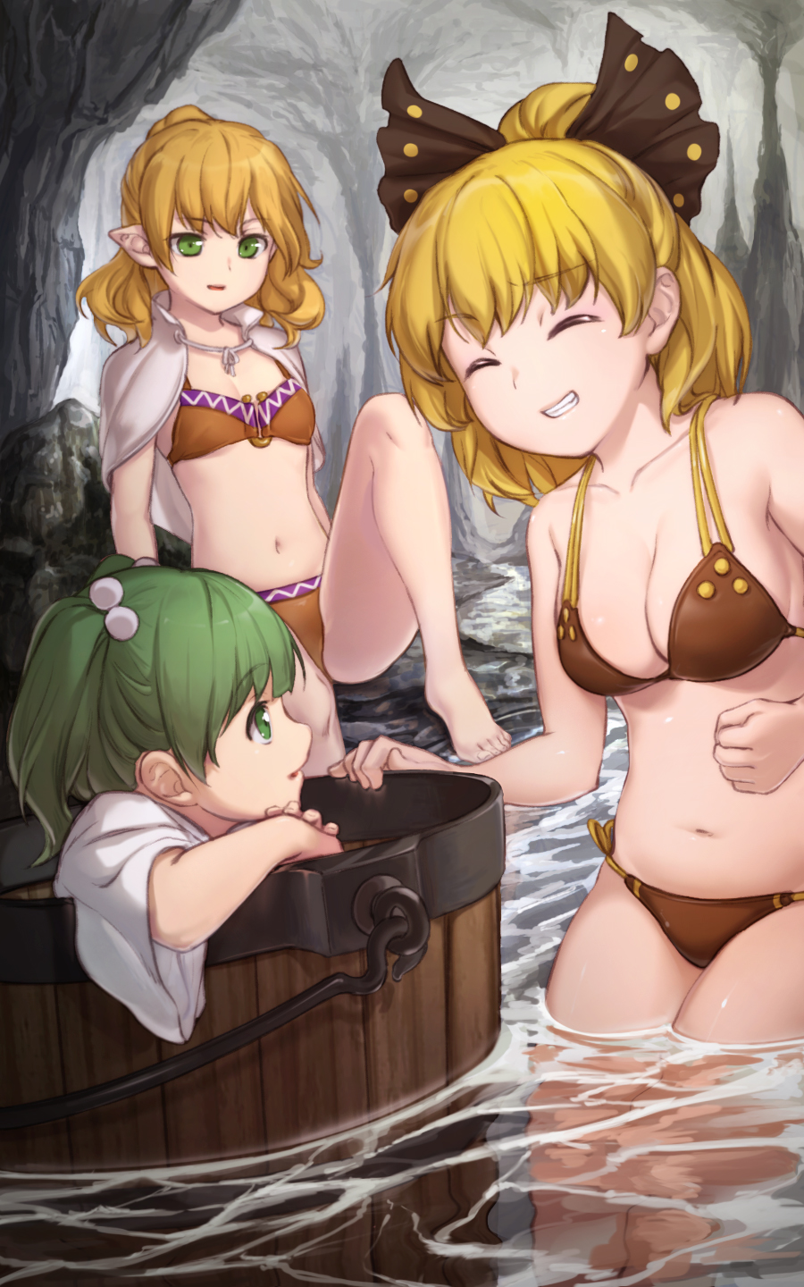 3girls bangs barefoot bikini black_bow blonde_hair bow breasts brown_bikini bucket cave cleavage clenched_hand closed_eyes eyebrows_visible_through_hair green_eyes green_hair grin hair_bobbles hair_bow hair_ornament highres in_bucket in_container japanese_clothes kisume kurodani_yamame medium_breasts mikami_yuuki_(nl8you) mizuhashi_parsee multicolored_hair multiple_girls navel pointy_ears ponytail side-tie_bikini sitting smile standing swimsuit teeth touhou two-tone_hair wading water