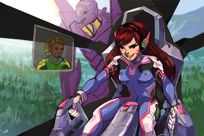 1girl bodysuit breasts brown_hair cockpit d.va_(overwatch) eva_01 forest grin headphones holographic_monitor jennifer_aberin_johnson long_hair lucio_(overwatch) nature neon_genesis_evangelion overwatch parody pilot_suit ribbed_bodysuit small_breasts smile whisker_markings