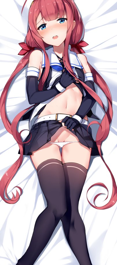 1girl black_legwear blue_eyes blush commentary_request elbow_gloves fingerless_gloves gloves hair_ribbon kantai_collection kawakaze_(kantai_collection) knees_together_feet_apart long_hair lying navel nose_blush on_back open_mouth orihi_chihiro panties panty_pull pleated_skirt redhead ribbon sailor_collar shirt_lift skirt skirt_lift solo thigh-highs underwear white_panties