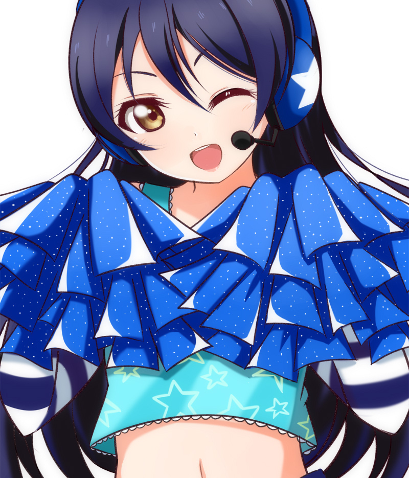 1girl ;d blue_hair blush brown_eyes cheerleader detached_sleeves head_tilt headset long_hair looking_at_viewer love_live! love_live!_school_idol_project navel one_eye_closed open_mouth pom_poms simple_background sleeveless smile solo sonoda_umi star star_print stomach striped_sleeves upper_body wewe white_background