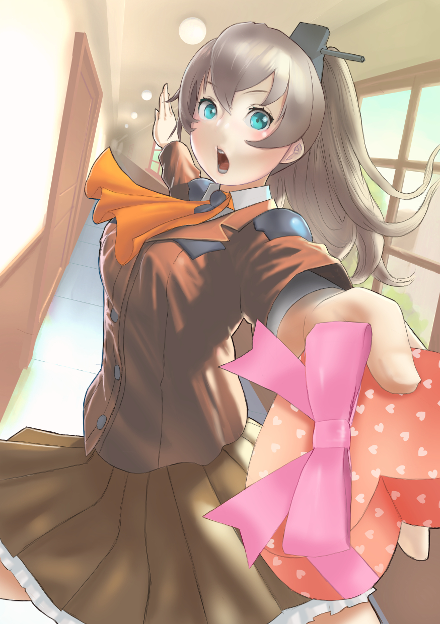 1girl blue_eyes blush breasts brown_hair brown_shirt brown_skirt door dutch_angle gift hair_between_eyes hallway heart heart_print highres holding holding_gift indoors kantai_collection kumano_(kantai_collection) light long_hair long_sleeves medium_breasts open_mouth outstretched_arms pleated_skirt ponytail shirt skirt solo spread_arms tonkatsu_daisuki valentine window