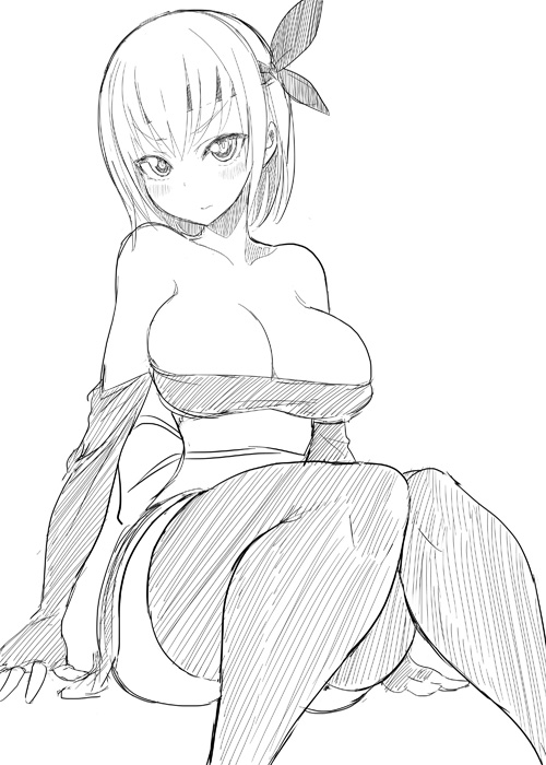 1girl ayane ayane_(doa) bare_shoulders breasts cleavage dead_or_alive greyscale headband ken_(koala) large_breasts looking_at_viewer monochrome ninja short_hair simple_background thigh-highs zettai_ryouiki