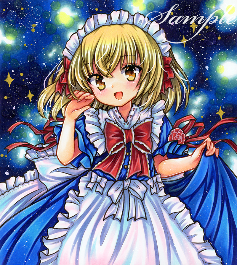 1girl :d apron bangs blonde_hair blue_dress blush bow bowtie commentary_request dress embellished_costume flower frilled_apron frilled_shirt_collar frills hand_up looking_at_viewer maid_headdress marker_(medium) medium_hair mugetsu_(touhou) open_mouth puffy_short_sleeves puffy_sleeves red_bow red_bowtie red_flower red_ribbon red_rose ribbon rose rui_(sugar3) sample_watermark short_sleeves skirt_hold smile solo sparkle touhou touhou_(pc-98) traditional_media white_apron yellow_eyes