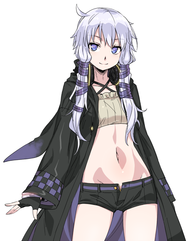 1girl bandeau bangs black_shorts blue_eyes closed_mouth coat contrapposto cowboy_shot eyebrows_visible_through_hair hair_ribbon halter_top halterneck headphones headphones_around_neck hips lavender_hair legs_apart long_hair looking_at_viewer open_clothes open_coat ribbon ryuusei_(ryuuseiseikou) short_shorts shorts simple_background smile solo standing thighs vocaloid voiceroid white_background yuzuki_yukari yuzuki_yukari_(lin) yuzuki_yukari_(vocaloid4)