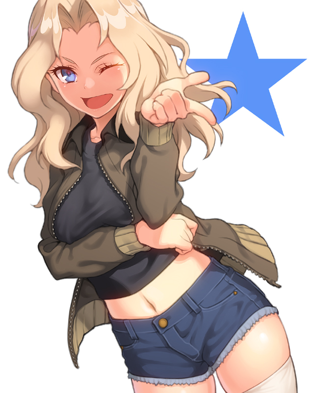 1girl ;d black_shirt blonde_hair blue_eyes blue_shorts brown_jacket denim denim_shorts girls_und_panzer jacket kay_(girls_und_panzer) long_hair long_sleeves looking_at_viewer one_eye_closed open_clothes open_jacket open_mouth pairan shirt short_shorts shorts simple_background smile star thigh-highs white_background white_legwear