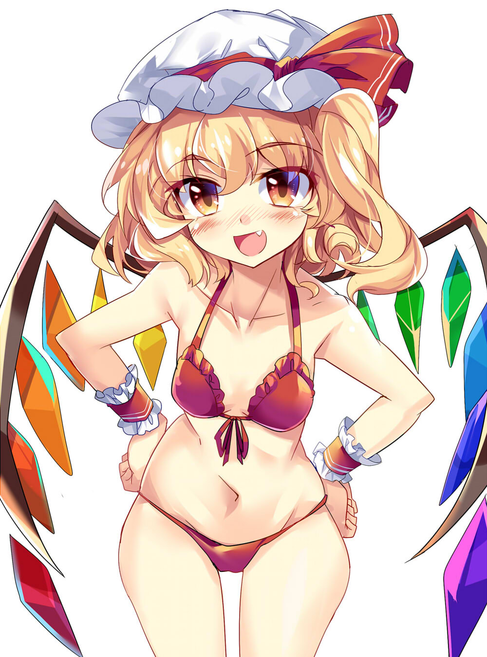 1girl bat_wings bikini blonde_hair breasts cowboy_shot crystal e.o. fang flandre_scarlet frilled_bikini frills front-tie_top hands_on_hips hat highres leaning_forward looking_at_viewer mob_cap red_bikini red_eyes short_hair side_ponytail small_breasts solo standing swimsuit thigh_gap touhou wings wrist_cuffs