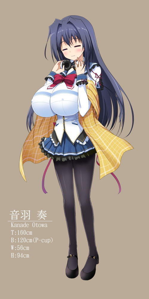 1girl :3 =_= bangs black_hair black_legwear black_shoes blue_hair blue_skirt blush bow breasts character_name closed_mouth erect_nipples eyebrows_visible_through_hair frilled_skirt frills full_body hair_between_eyes hair_intakes hands_up headphones headphones_around_neck huge_breasts long_hair long_sleeves mary_janes nikusashi nipples original pantyhose pigeon-toed pleated_skirt red_bow school_uniform serafuku shawl shoes sidelocks simple_background skirt smile solo standing