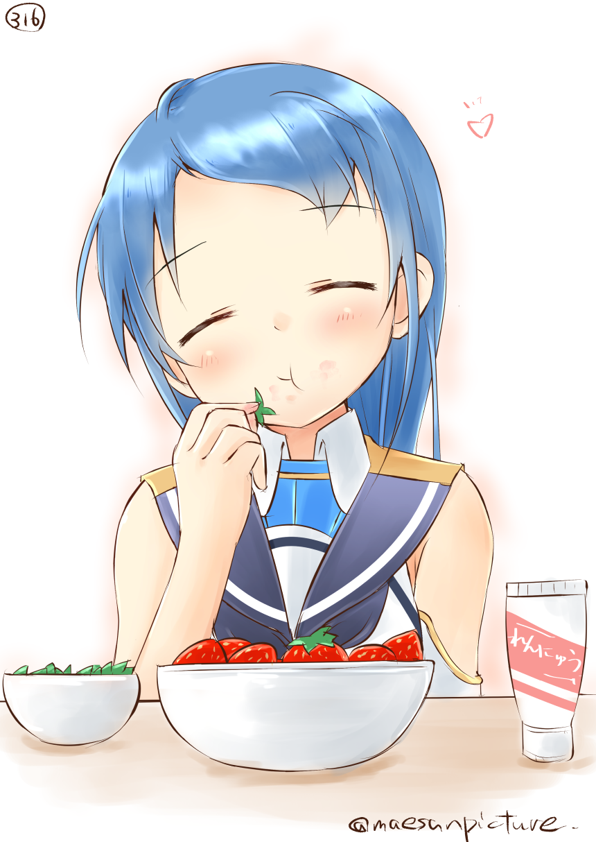 1girl :t bangs bare_arms bare_shoulders black_neckerchief blue_hair blush bowl closed_eyes collared_shirt condensed_milk eating elbow_gloves eyebrows_visible_through_hair food food_on_face fruit gloves hand_up head_tilt heart highres kantai_collection long_hair mae_(maesanpicture) neckerchief numbered samidare_(kantai_collection) school_uniform serafuku shirt single_elbow_glove single_glove solo strawberry swept_bangs translated tube twitter_username upper_body