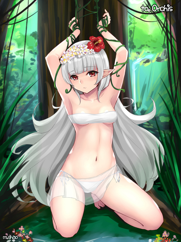 1girl armpits arms_up artist_name bandeau bangs bare_shoulders bikini blunt_bangs blush bound breasts brown_eyes closed_mouth collarbone dungeon_and_fighter eyebrows_visible_through_hair forest grass grey_hair kneeling long_hair looking_at_viewer nature navel outdoors parted_lips plant pointy_ears sarong shaojiang side-tie_bikini signature silver_hair small_breasts solo swimsuit thighs tied_up tree very_long_hair vines white_bikini