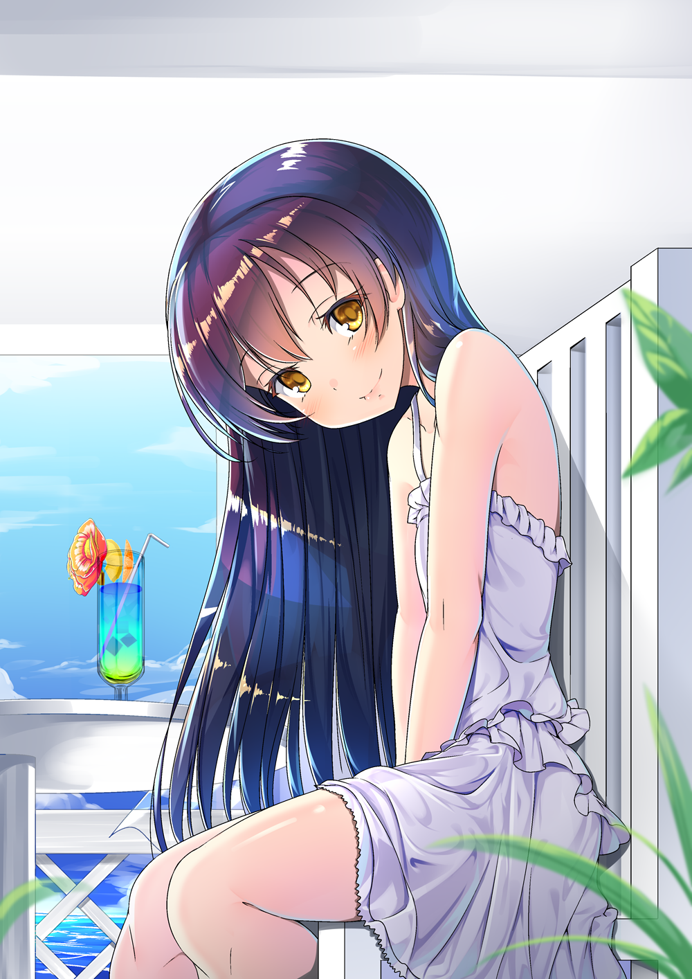 1girl bare_shoulders blue_hair blue_sky chair cup curtains dress drink drinking_glass drinking_straw flower highres inu3 long_hair looking_at_viewer love_live! love_live!_school_idol_project outdoors shiny shiny_hair sitting sky smile solo sonoda_umi table v_arms water white_dress yellow_eyes