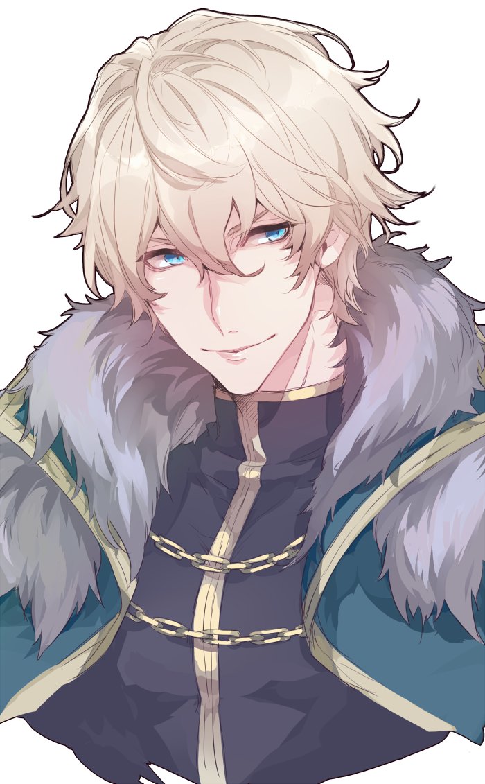 1boy armor blonde_hair blue_eyes cape fate/extra fate/grand_order fate_(series) gawain_(fate/extra) looking_away male_focus short_hair simple_background smile wavy_hair