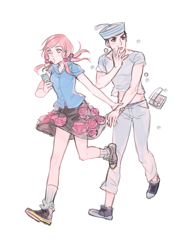 1boy 1girl arm_grab black_eyes blouse blue_eyes box bubble cellphone dixie_cup_hat dumpling eating floral_print food hair_bobbles hair_ornament hat higashikata_jousuke_(jojolion) hirose_yasuho jojo_no_kimyou_na_bouken jojolion midriff military_hat open_mouth pants phone pink_hair reammara running shirt shoes short_hair simple_background skirt smartphone socks tassel white_background