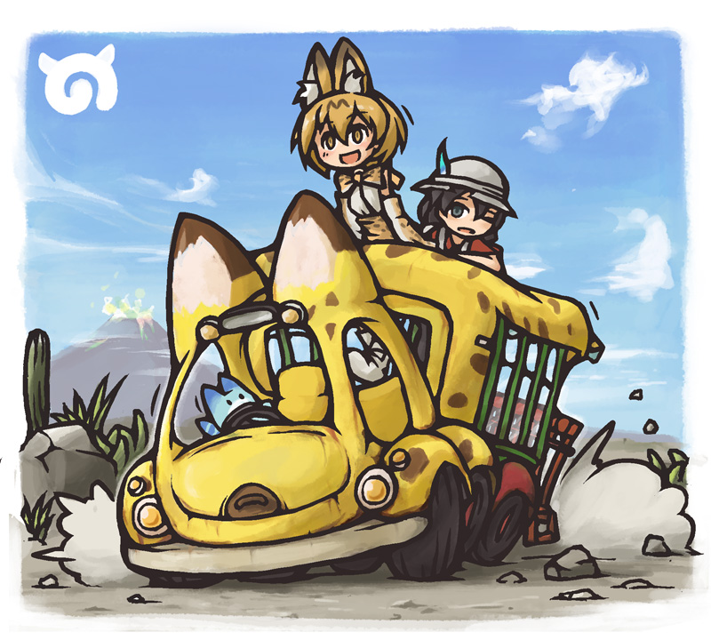 2girls animal_ears aozakana_zabaano bare_shoulders black_hair blonde_hair bow bowtie bucket_hat cactus clouds driving elbow_gloves eyebrows_visible_through_hair gloves grass ground_vehicle hat hat_feather japari_bus japari_symbol kaban kemono_friends lucky_beast_(kemono_friends) motor_vehicle multiple_girls one_eye_closed open_mouth rock serval_(kemono_friends) serval_ears serval_print serval_tail shirt short_hair sky smile tail