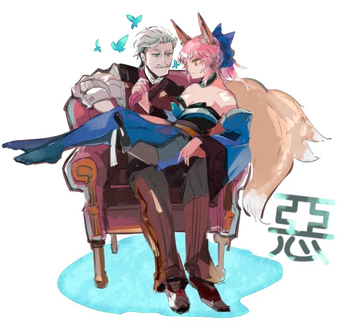 1boy 1girl animal_ears bell bell_collar blue_eyes blue_legwear bow breasts butterfly chair cleavage collar facial_hair fate/extra fate/grand_order fate_(series) formal fox_ears fox_tail gloves hair_bow hair_ribbon jacket james_moriarty_(fate/grand_order) japanese_clothes kimono large_breasts long_hair looking_at_another mukudori10 mustache pink_hair ribbon short_hair smile suit tail tamamo_(fate)_(all) tamamo_no_mae_(fate) thigh-highs vest white_hair yellow_eyes