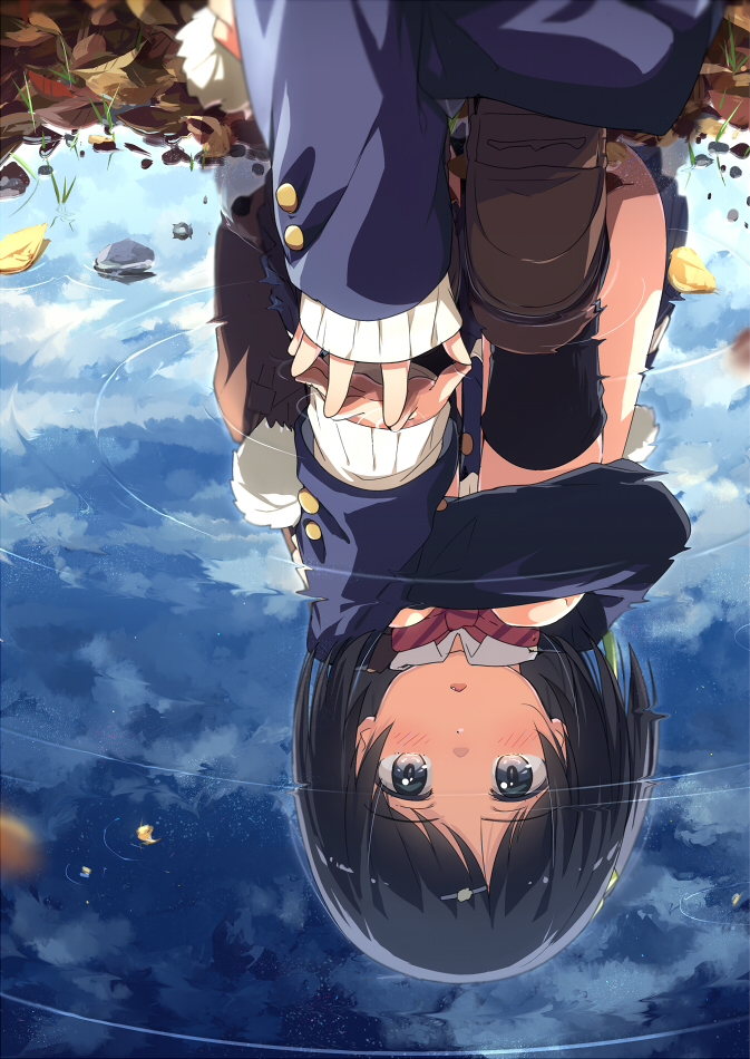 1girl :o autumn_leaves bag black_hair black_legwear blue_jacket blue_sky blurry blush bow bowtie brown_shoes day depth_of_field fang grey_eyes hair_ornament hairclip jacket loafers long_sleeves ogipote open_mouth original outdoors puddle red_bow red_bowtie reflection ripples rock school_uniform shoes short_hair sky sleeves_past_wrists socks solo squatting tareme uniform water