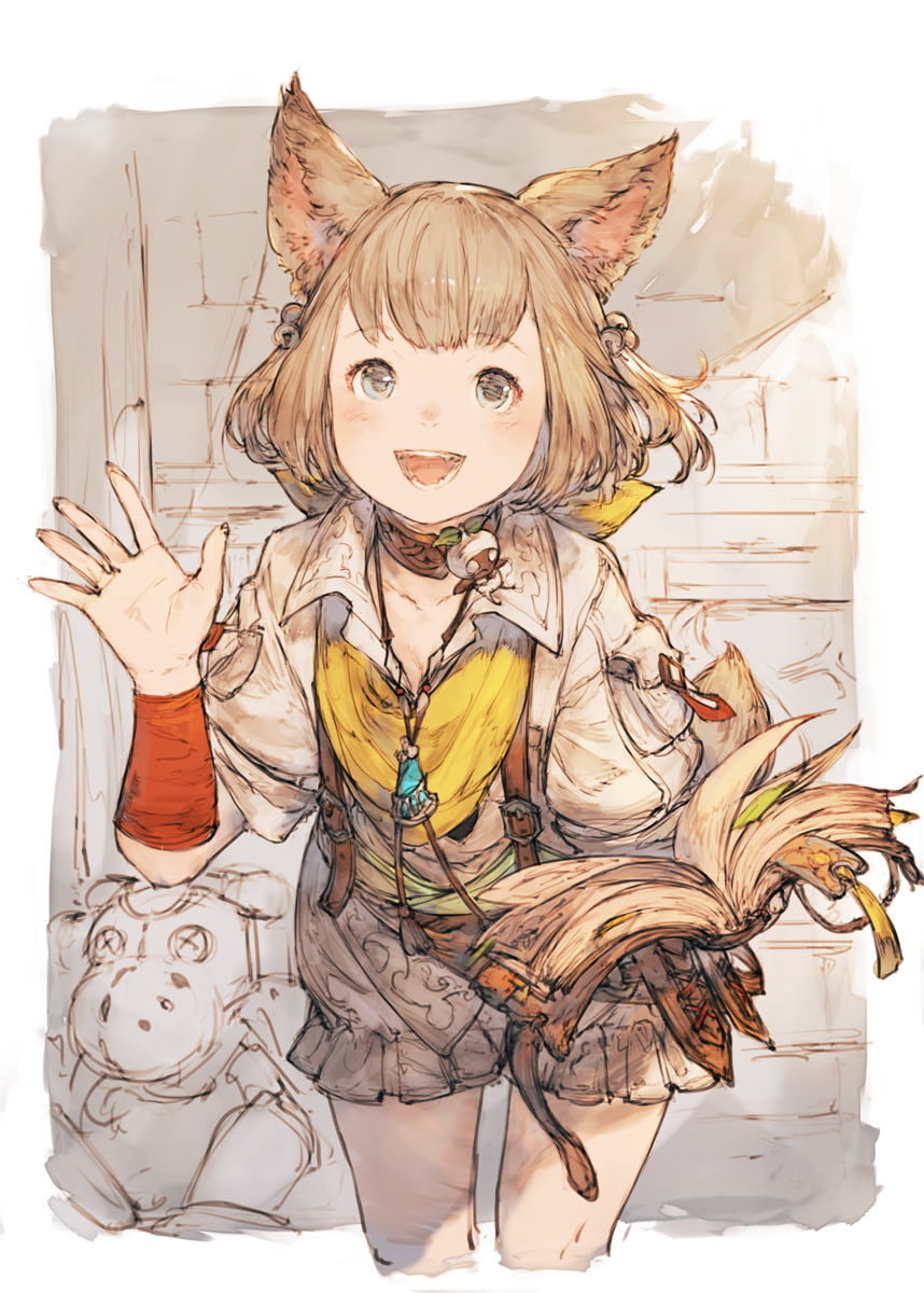 1girl animal_ears bell blush book brown_hair cat_ears child choker final_fantasy final_fantasy_xiv goblin_(final_fantasy) hair_bell hair_ornament hand_up happy highres holding holding_book jingle_bell junwool khloe_aliapoh leaning_forward mandragora_(final_fantasy) miqo'te muted_color open_mouth short_hair sketch smile solo tail