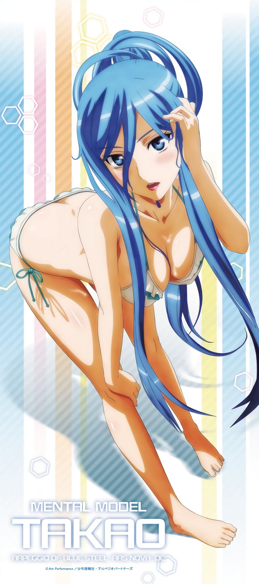 1girl aoki_hagane_no_arpeggio ass barefoot bent_over bikini blue_eyes blue_hair breasts character_name cleavage collarbone copyright_name feet frilled_bikini frills full_body green_ribbon hair_between_eyes hand_in_hair hand_on_own_knee highres lipstick long_hair looking_at_viewer makeup medium_breasts ponytail red_lips ribbon side-tie_bikini solo swimsuit takao_(aoki_hagane_no_arpeggio) toes very_long_hair wet wet_hair white_bikini