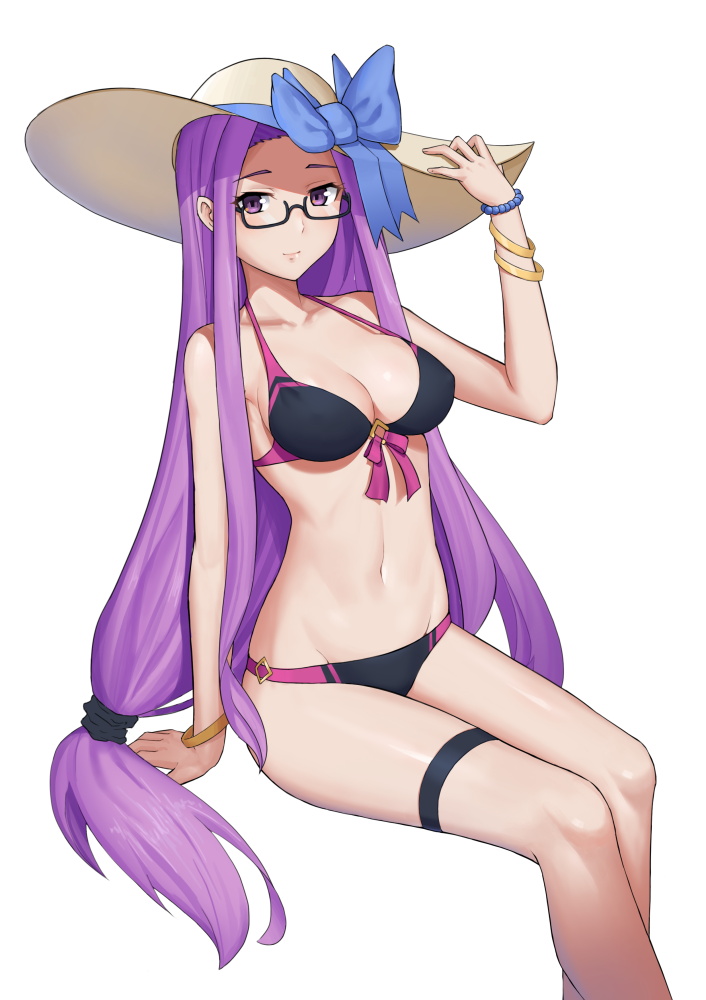 1girl blue_bow bow bracelet fate/stay_night fate_(series) glasses hand_on_headwear hat jewelry leg_garter long_hair low-tied_long_hair navel northman purple_hair rider semi-rimless_glasses sitting solo swimsuit thigh_strap very_long_hair white_background