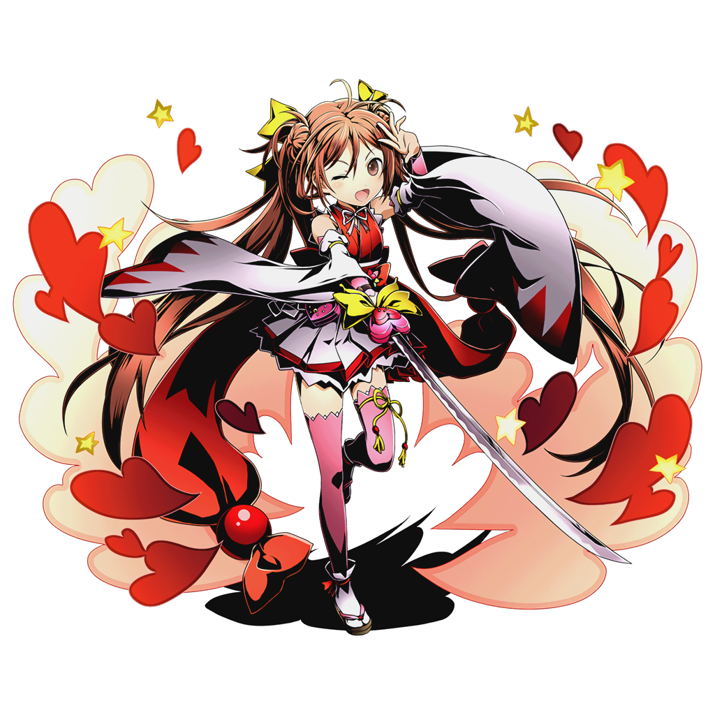 1girl aihara_enju arm_up black_bullet bow brown_eyes brown_hair detached_sleeves divine_gate dress full_body hair_bow long_hair looking_at_viewer neck_ribbon official_art one_eye_closed one_leg_raised open_mouth pink_legwear pleated_dress red_ribbon ribbon socks socks_over_thighhighs solo thigh-highs transparent_background twintails ucmm very_long_hair white_legwear white_ribbon yellow_bow yellow_ribbon