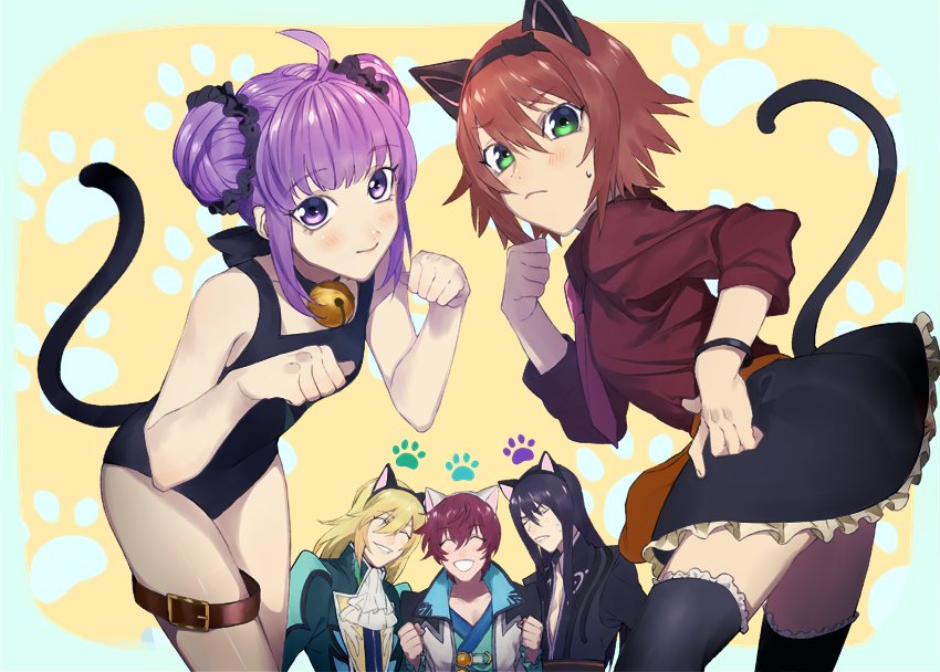00s 2girls 3boys :d animal_ears apron asbel_lhant bell bell_collar belt black_legwear blonde_hair blush brown_hair cat_ears cat_tail clenched_hands closed_eyes collar cravat double_bun dress_shirt embarrassed frills long_hair looking_at_viewer looking_back multiple_boys multiple_girls necktie old_school_swimsuit one-piece_swimsuit open_mouth paw_pose paw_print pink_necktie purple_hair richard_(tales) rita_mordio sachico66 school_swimsuit scrunchie shirt skirt smile sophie_(tales) sweatdrop swimsuit tail tales_of_(series) tales_of_graces tales_of_vesperia thigh-highs waist_apron yuri_lowell