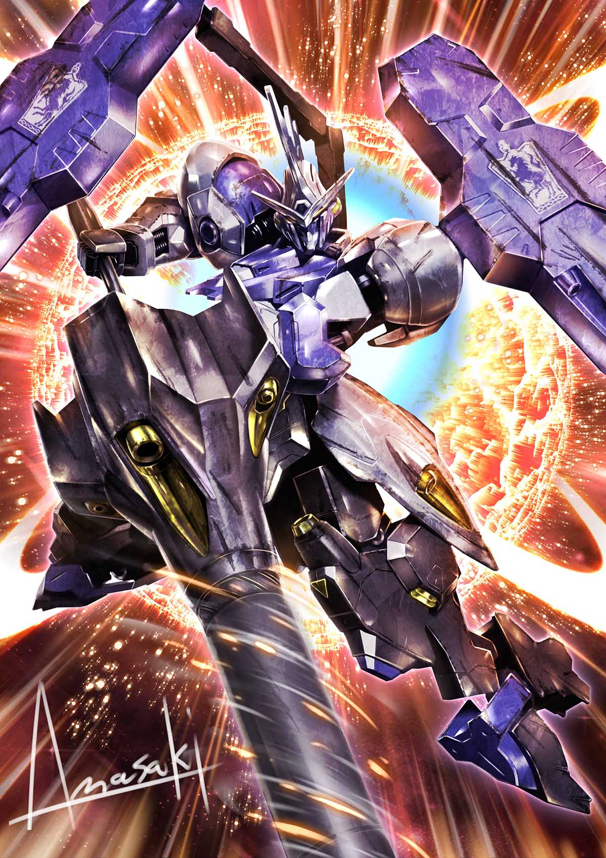 artist_name commentary_request glowing glowing_eyes gundam gundam_kimaris_vidar gundam_tekketsu_no_orphans highres holding holding_weapon lance mecha no_humans polearm wa-kun weapon