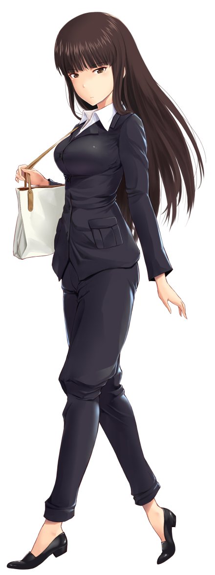 1girl arm_at_side bangs black_pants blazer blouse blunt_bangs breasts brown_eyes brown_hair formal from_side full_body girls_und_panzer high_heels jacket large_breasts long_hair looking_at_viewer nishizumi_shiho pants simple_background solo standing wa_(genryusui) walking white_blouse