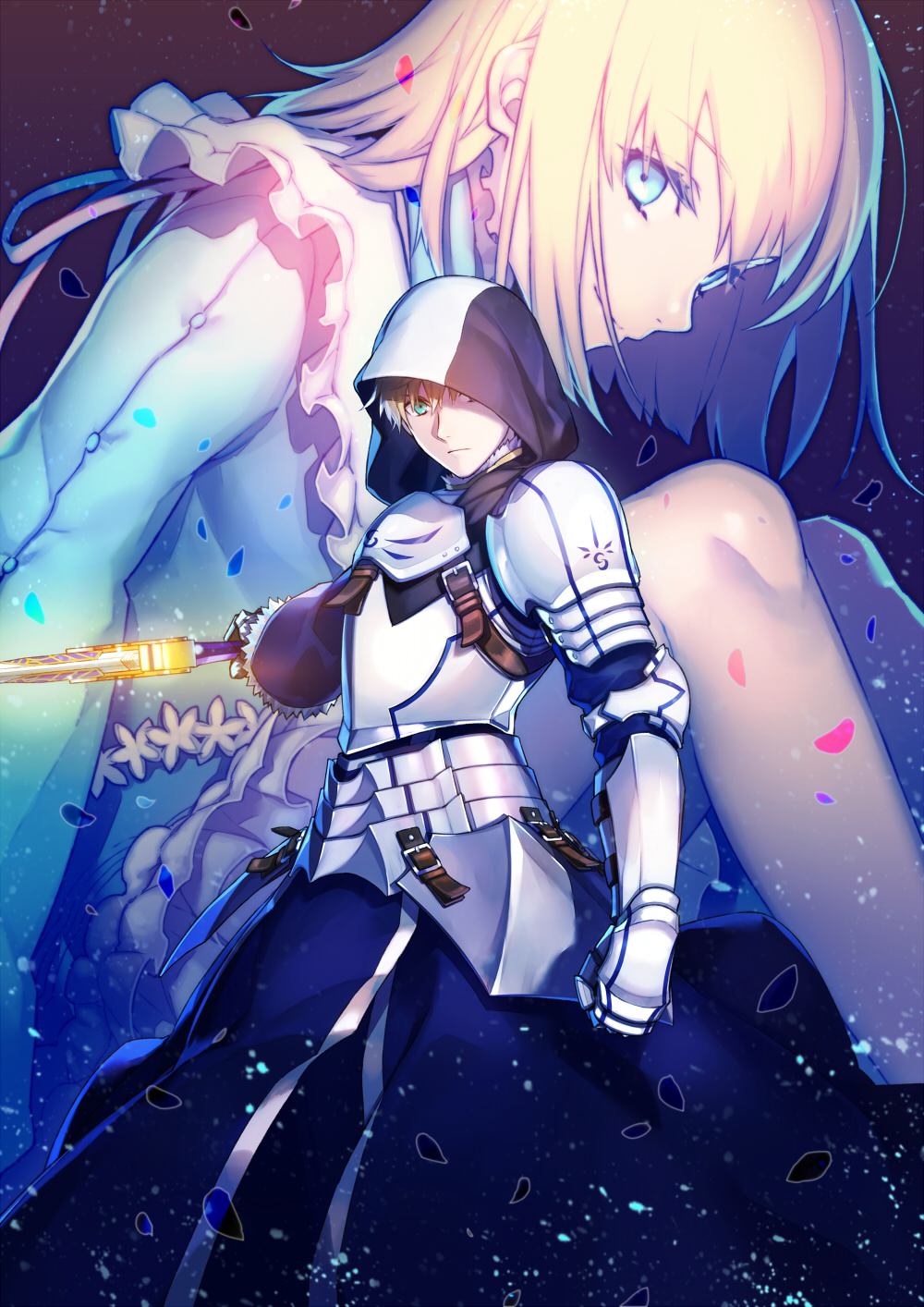 1boy 1girl armor blonde_hair blue_dress blue_eyes breastplate closed_mouth dress excalibur_(fate/prototype) fate/prototype fate/prototype:_fragments_of_blue_and_silver fate_(series) gauntlets glowing glowing_sword glowing_weapon highres hood looking_at_viewer nakahara_(mu_tation) saber_(fate/prototype) sajou_manaka short_hair weapon