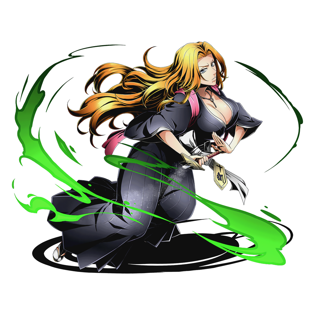 1girl bleach blonde_hair blue_eyes breasts cleavage divine_gate floating_hair full_body holding holding_sword holding_weapon japanese_clothes jewelry katana kimono large_breasts long_hair matsumoto_rangiku mole mole_under_mouth necklace official_art pleated shadow solo sword transparent_background ucmm very_long_hair weapon white_legwear