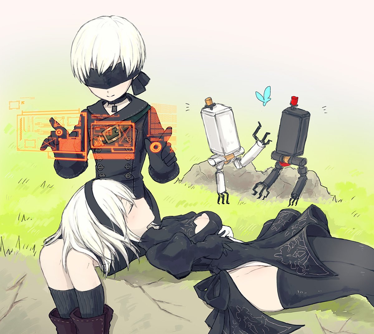 artist_request black_boots black_dress black_hairband black_legwear blindfold boots butterfly cleavage_cutout closed_eyes covered_eyes dress grass hairband lap_pillow leotard long_sleeves nier_(series) nier_automata no_blindfold pod_(nier_automata) resting ribbed_dress short_hair silver_hair thigh-highs thigh_boots thighhighs_under_boots white_leotard yorha_no._2_type_b yorha_no._9_type_s