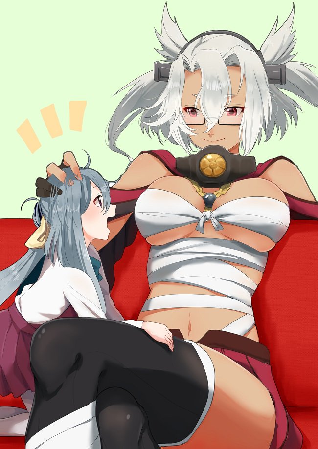 2girls bandage bare_shoulders black_gloves black_legwear bow bowtie breasts budget_sarashi capelet collar commentary couch dark_skin dress eye_contact fingerless_gloves glasses gloves grey_eyes grey_hair grey_legwear hair_between_eyes hand_on_another's_leg headgear kantai_collection kikumon kiyoshimo_(kantai_collection) large_breasts legs_crossed long_hair long_sleeves looking_at_another low_twintails miniskirt multicolored_hair multiple_girls musashi_(kantai_collection) navel pantyhose partly_fingerless_gloves petting pointy_hair red_eyes sarashi semi-rimless_glasses shirt short_hair_with_long_locks skirt sleeveless sleeveless_dress smile tachikoma_(mousou_teikoku) thigh-highs twintails two_side_up under-rim_glasses under_boob very_long_hair white_shirt