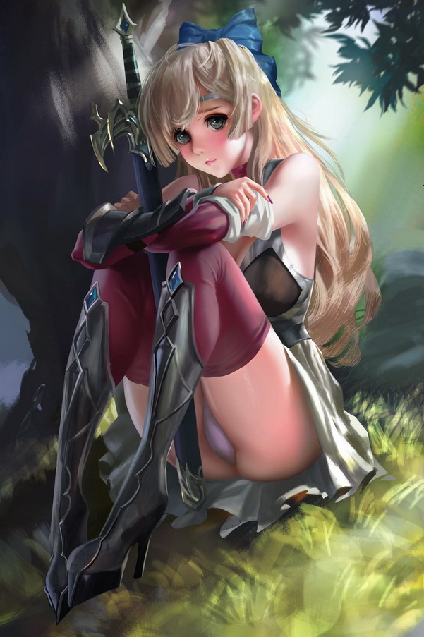 1girl armor armored_boots black_eyes blonde_hair blue_bow blush boots bow breasts bruce_zhang_(awpzzggg) circlet closed_mouth commentary crossed_arms dutch_angle full_body hair_bow head_tilt high_heels knee_boots long_hair looking_at_viewer medium_breasts original outdoors panties pantyshot pantyshot_(sitting) platform_footwear red_legwear sheath sheathed sitting skirt solo sword thigh-highs tree underwear very_long_hair weapon