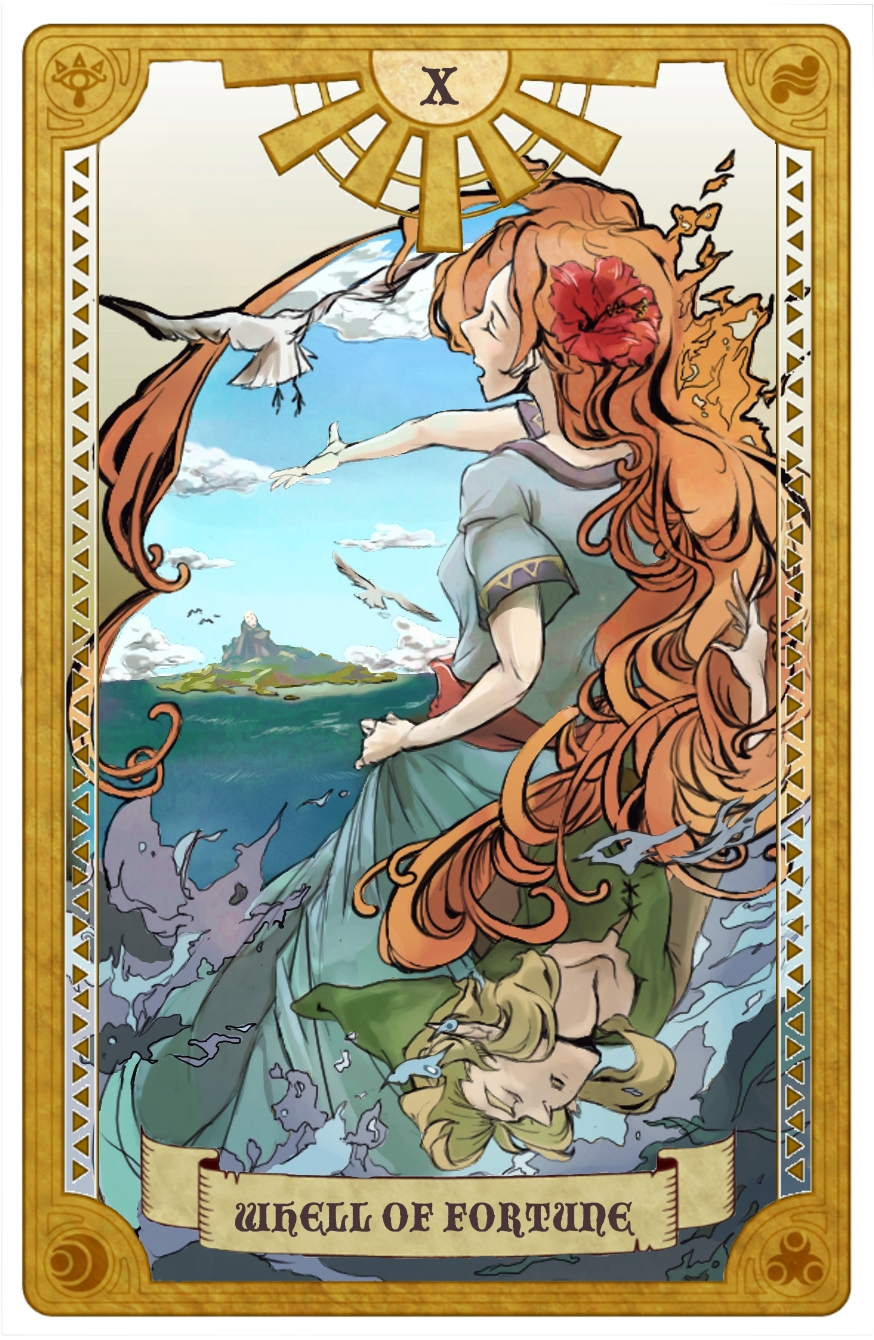 bird blue_sky closed_eyes clouds flower green_hat haikibustu hair_flower hair_ornament hat hibiscus highres island link marin_(the_legend_of_zelda) music ocean open_mouth outdoors outstretched_hand pointy_ears redhead seagull singing skirt_hold sky tarot the_legend_of_zelda the_legend_of_zelda:_link's_awakening water windfish's_egg