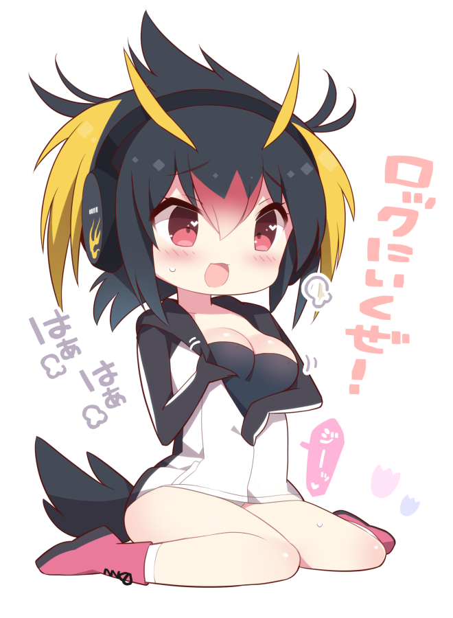 1girl :3 adjusting_clothes bare_legs black_hair blonde_hair blush body_blush boots breasts chibi cleavage cross-laced_footwear eyebrows_visible_through_hair eyelashes full_body hair_between_eyes headphones hood hooded_jacket jacket kemono_friends kneehighs long_sleeves looking_away multicolored_hair onomatopoeia open_clothes open_jacket open_mouth pink_boots pink_footwear pocket red_eyes redhead rockhopper_penguin_(kemono_friends) shoelaces short_hair simple_background sitting smile socks solo strapless sweat tail translation_request tsurime wariza watanohara white_background