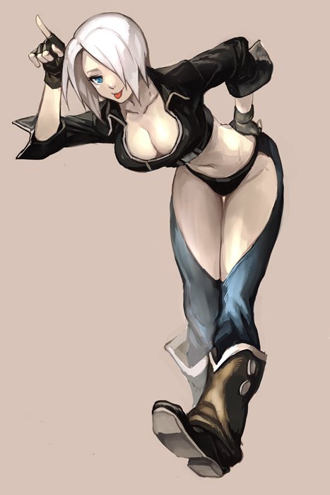 1girl angel_(kof) blue_eyes boots breasts chaps cleavage cropped_jacket fingerless_gloves gloves hair_over_one_eye hankuri jacket large_breasts looking_at_viewer midriff navel one_eye_closed panties short_hair smile solo the_king_of_fighters the_king_of_fighters_xiv thigh-highs tongue tongue_out underwear white_hair