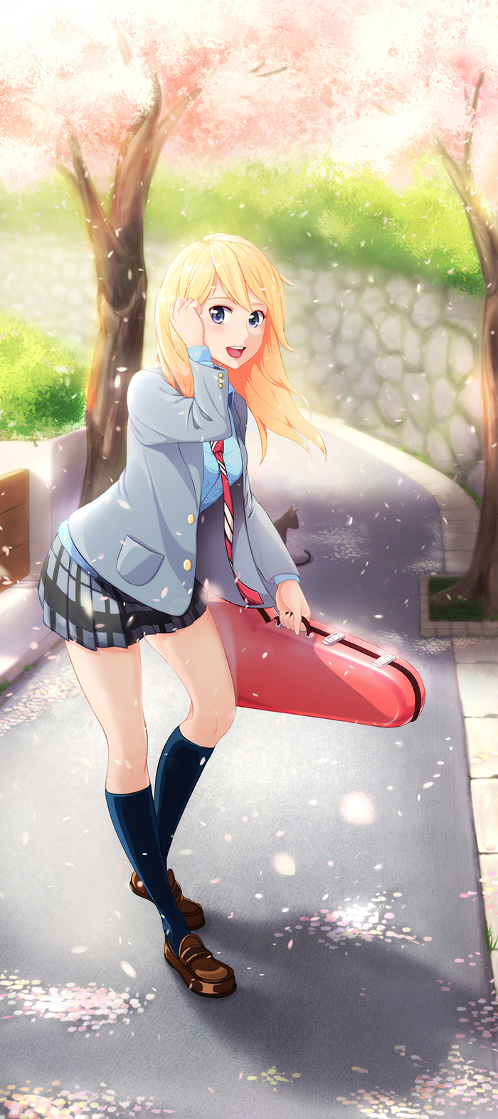 1girl :d adjusting_hair black_cat black_legwear blonde_hair blue_eyes c-eye cat day grey_skirt highres instrument_case long_hair looking_at_viewer miyazono_kawori necktie open_mouth outdoors path petals pocket red_necktie road school_uniform shadow shigatsu_wa_kimi_no_uso skirt smile socks solo standing tree