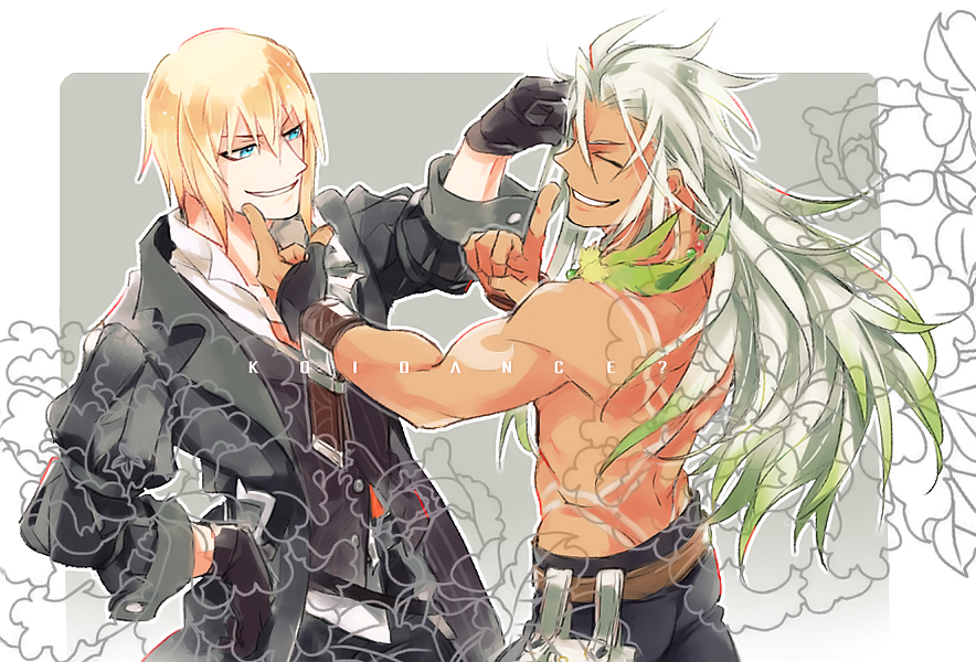 2boys black_gloves closed_eyes eizen_(tales) feathers gloves gotou_(pixiv37128) grey_background hand_on_hip koi_dance long_hair looking_at_another male_focus multiple_boys parody partly_fingerless_gloves poking shirtless smile tales_of_(series) tales_of_berseria tales_of_zestiria zaveid_(tales)