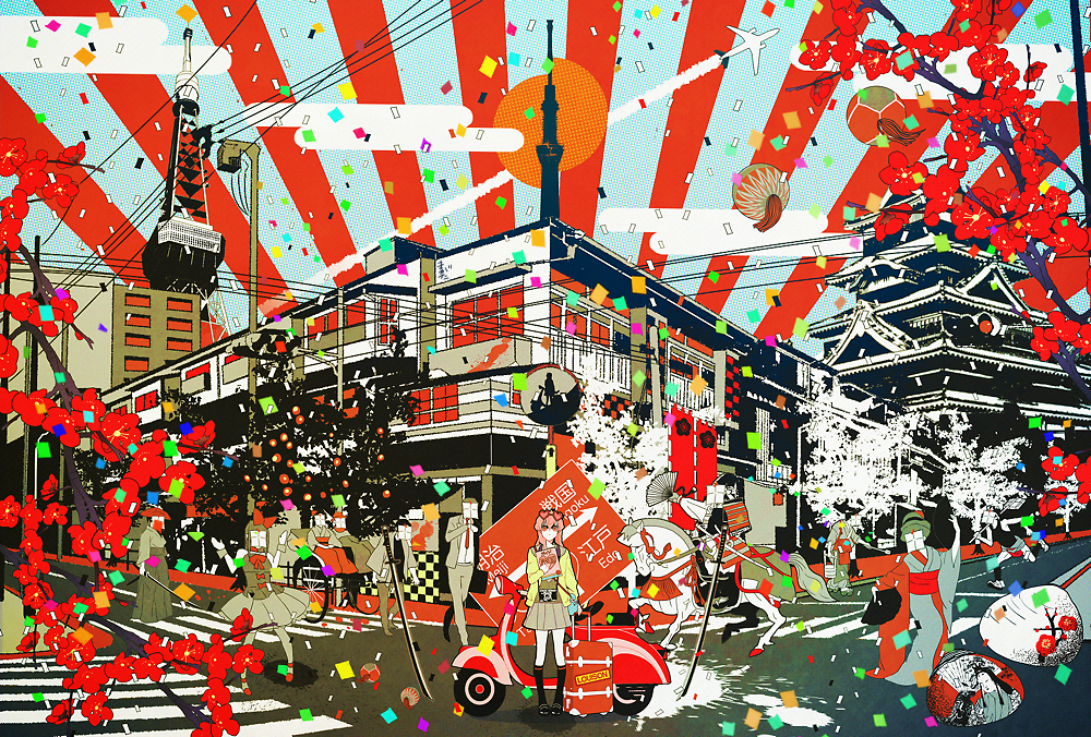 5girls 6+boys abstract aircraft airplane architecture arm_up arms_up bangs bangs_pinned_back banner belt black_legwear black_shoes bow brown_skirt building camera carriage checkered clam clouds cloudy_sky colorful condensation_trail confetti covered_face covering_face crosswalk day directional_arrow dress_shirt east_asian_architecture egasumi fan floral_print folding_fan formal frilled_skirt frills from_behind from_side full_body geisha ground_vehicle hair_bow hair_intakes hair_ornament heart-shaped_sunglasses heart_hair_ornament holding holding_fan holding_sword holding_weapon horizontal-striped_legwear horse horseback_riding jacket japanese_clothes katana kimono kneehighs lampion light_rays limited_palette long_hair long_sleeves looking_at_viewer luggage magatan mirror motor_vehicle multiple_boys multiple_girls necktie obi open_clothes open_jacket original outdoors pagoda paper perspective pink_hair pleated_skirt power_lines pulling red_flower red_necktie reflection riding rising_sun road road_sign running sash scooter shirt shoes sidewalk sign skirt sky smoke_trail splatter standing straddling strap street striped striped_legwear suit suitcase sun sunbeam sunburst sunglasses sunglasses_on_head sunlight sword tank_top tassel telephone_pole tower town traffic_light traffic_mirror tree tree_branch unsheathed vespa walking weapon white_shirt wide_sleeves window wrist_cuffs