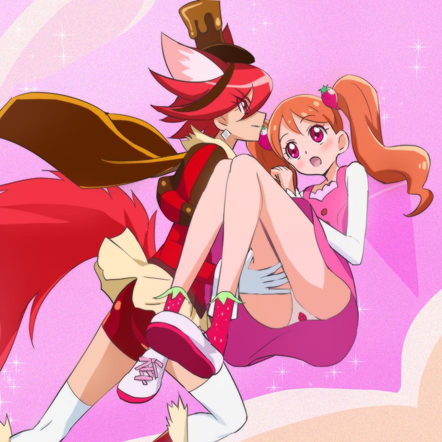 2girls animal_ears bike_shorts carrying cure_chocolat dog_ears dog_tail earrings extra_ears food_themed_hair_ornament gloves hair_ornament haruyama_kazunori hat jewelry kenjou_akira kirakira_precure_a_la_mode long_hair magical_girl multiple_girls open_mouth orange_hair panties pink_background pink_eyes precure princess_carry print_panties red_eyes redhead short_hair skirt strawberry_hair_ornament tail twintails underwear usami_ichika white_gloves white_panties