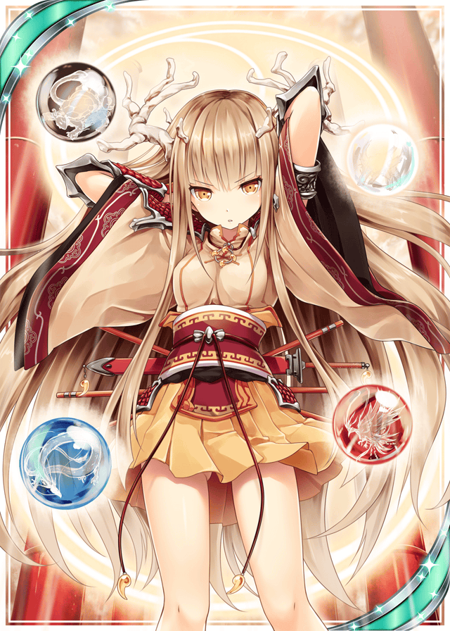 1girl akkijin blonde_hair goddess horns japanese_clothes obi orb pleated_skirt sash shinkai_no_valkyrie skirt solo weapon yellow_eyes