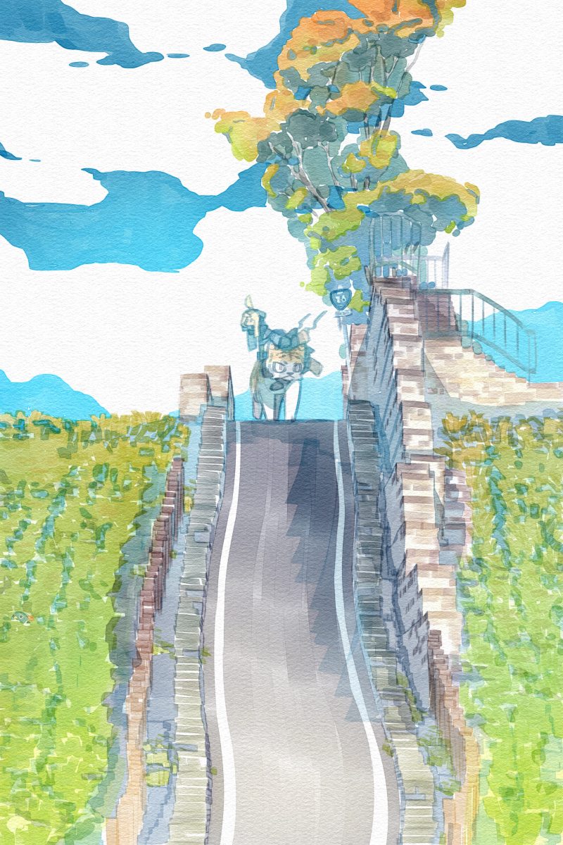 1girl ahoge akitsu_taira blonde_hair clouds faux_traditional_media highres izumi_luna_(akitsu_taira) original paper_background riding road road_sign scenery sign sky solo stairs street tiger tree wall
