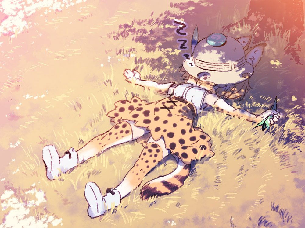 1girl :o animal_ears ankle_boots bare_shoulders black_bow blonde_hair boots bow bowtie bucket_hat covered_face dappled_sunlight day elbow_gloves from_above full_body gloves grass hat high-waist_skirt holding kawata_hisashi kemono_friends lying on_back on_ground open_mouth outdoors outstretched_arms serval_(kemono_friends) serval_ears serval_print serval_tail shirt short_hair skirt sleeping sleeveless sleeveless_shirt solo sunlight tail thigh-highs tree under_tree white_boots white_shirt zettai_ryouiki zzz
