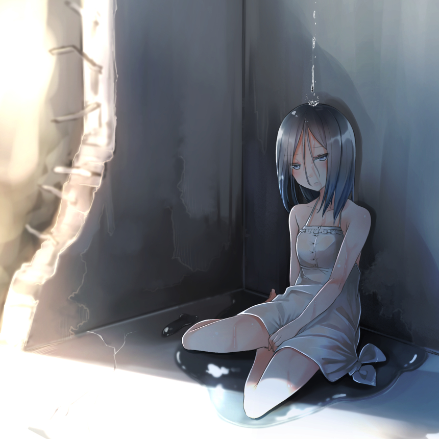 1girl barefoot between_legs black_hair blue_eyes breasts closed_mouth comah dress frown halterneck hand_between_legs looking_at_viewer original puddle ruins shade shiny shiny_hair sitting small_breasts solo sundress tied_dress water wet white_dress yokozuwari